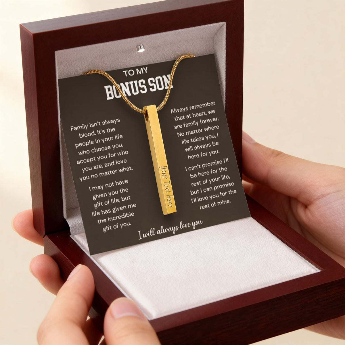 To My Bonus Son - Family Isn't Always Blood - Engraved 4-Sided Stick Necklace