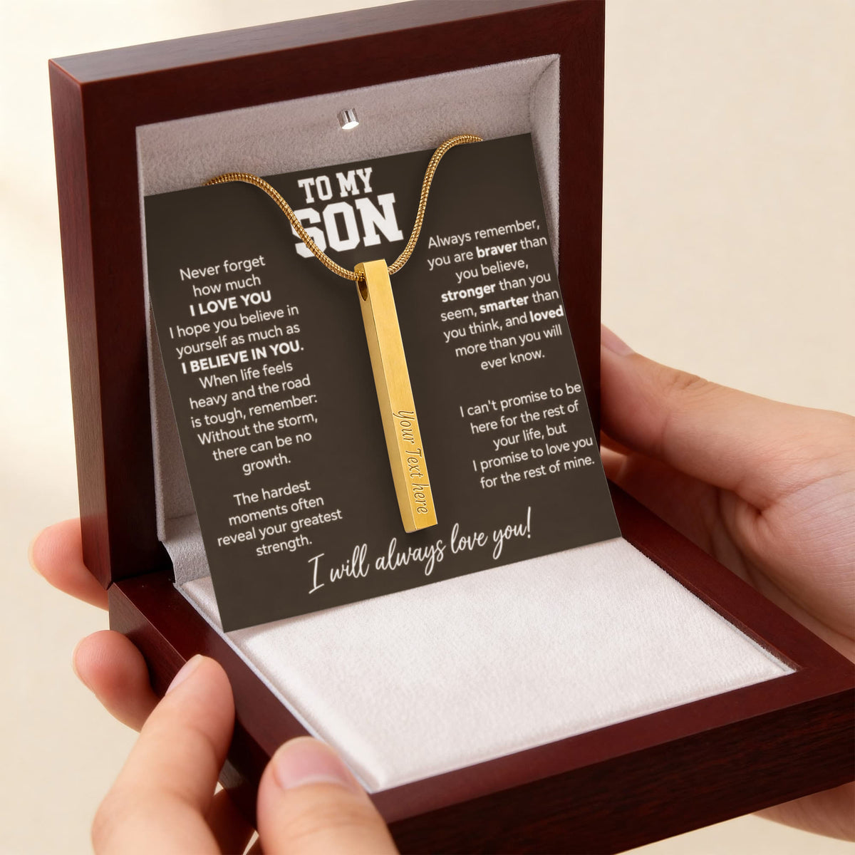 To My Son - I Will Always Love You - 4 Sided Engraved Bar Necklace