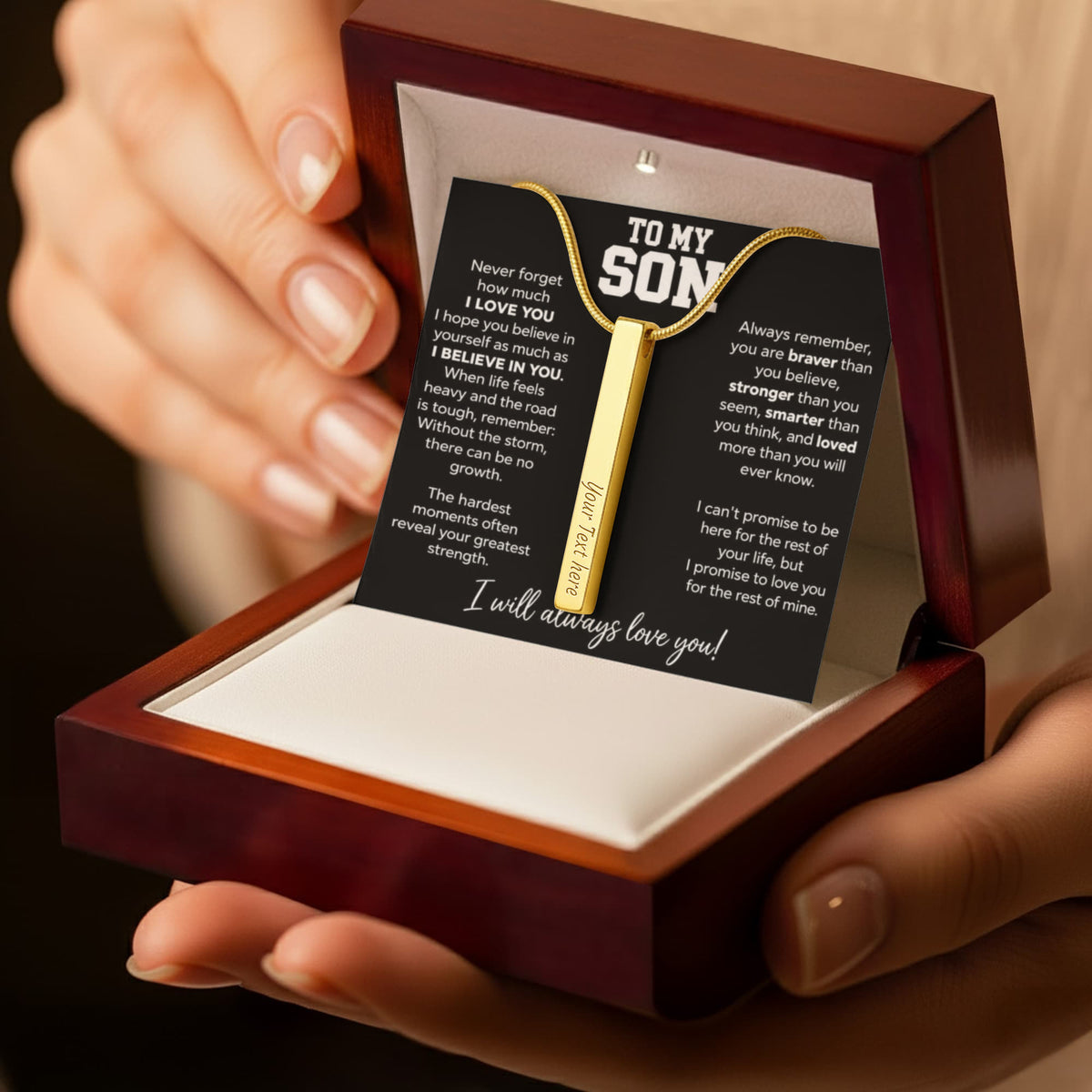 To My Son - I Will Always Love You - 4 Sided Engraved Bar Necklace