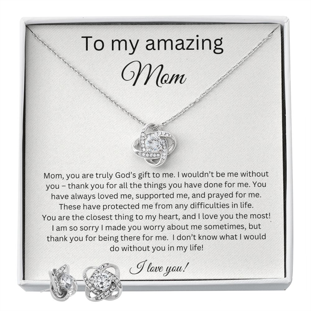 To My Amazing Mom - God's Gift - Love Knot Earring & Necklace Set