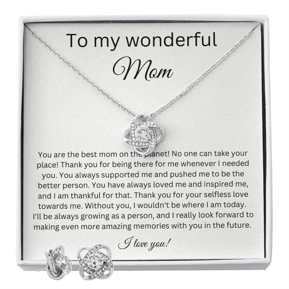 To My Wonderful Mom - Thank You - Love Knot Earring & Necklace Set