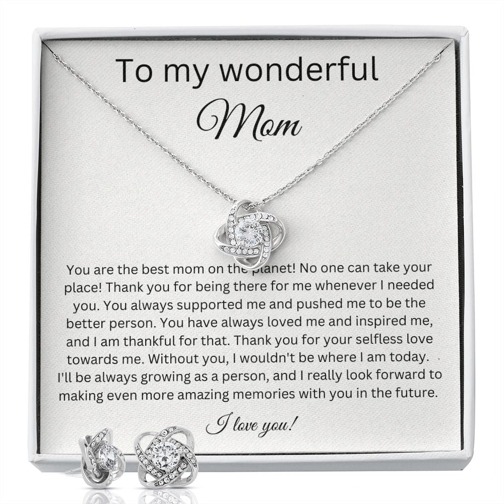 To My Wonderful Mom - Thank You - Love Knot Earring & Necklace Set