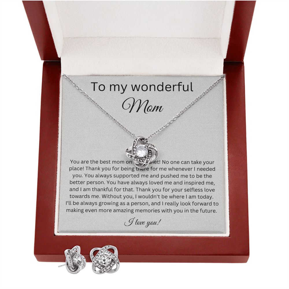 To My Wonderful Mom - Thank You - Love Knot Earring & Necklace Set