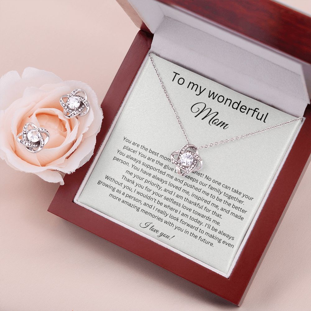 To My Wonderful Mom - Best Mom In The Planet - Love Knot Earring & Necklace Set