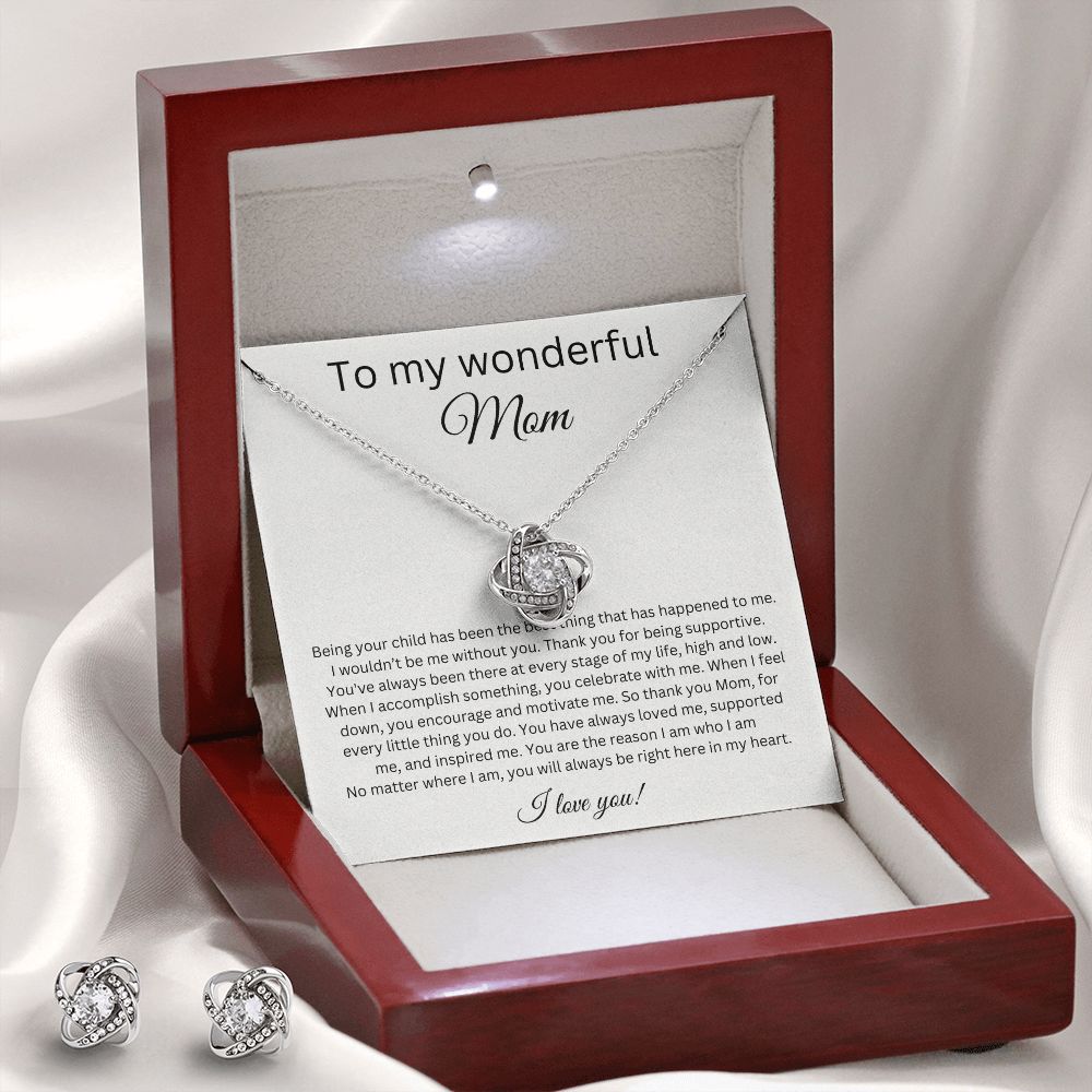 To My Wonderful Mom - I Love You - Love Knot Earring & Necklace Set
