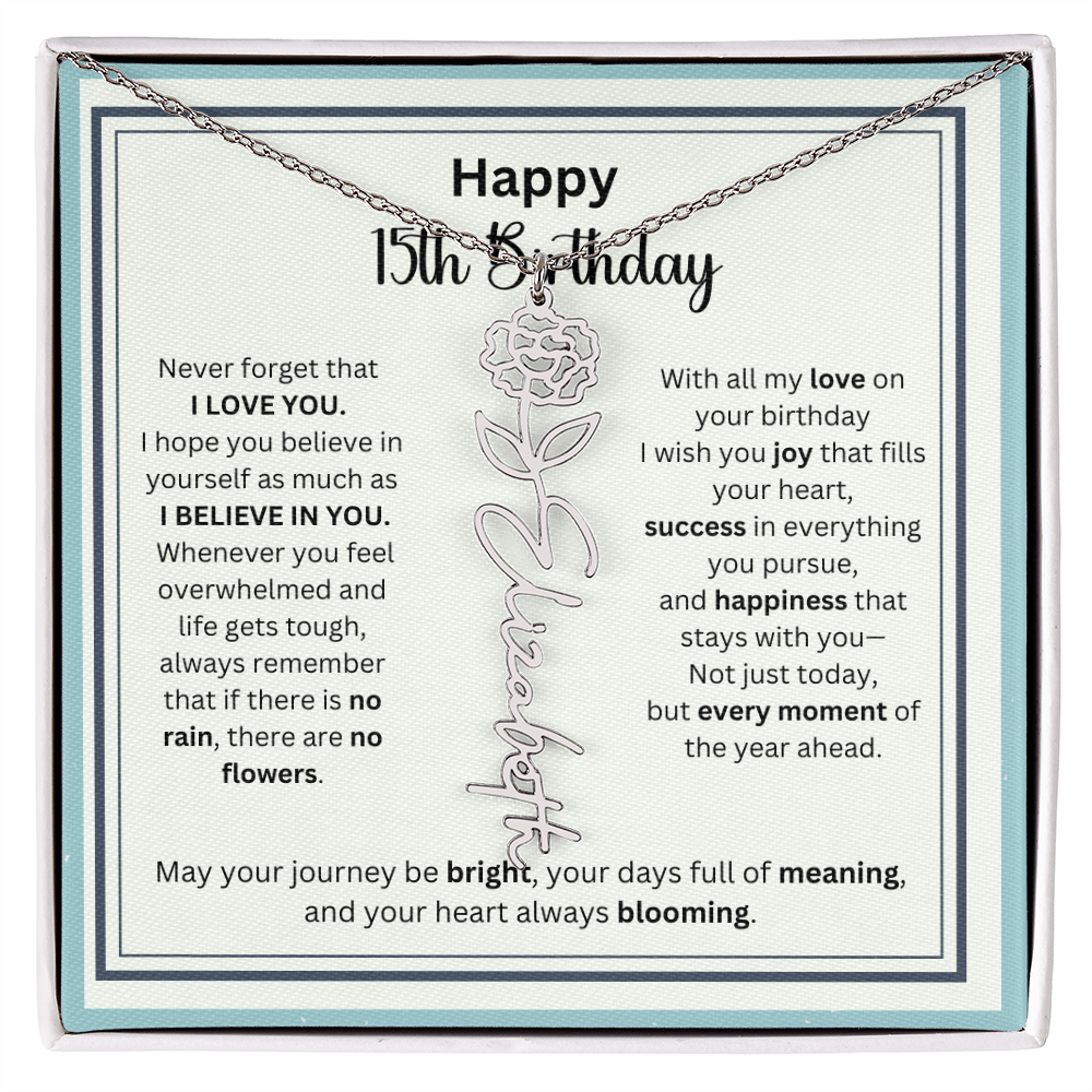 Personalized 15th Birthday Gift for Her - Birth Flower Necklace with Card