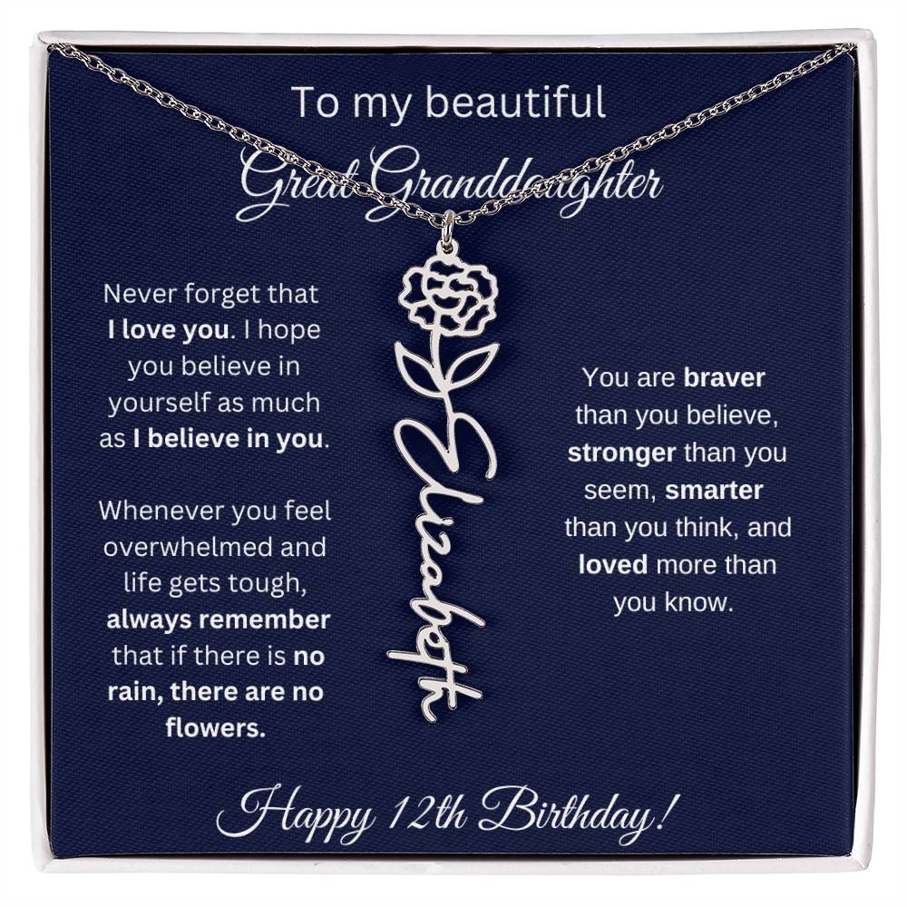 12th Birthday Gift For Great Granddaughter - Birthmonth Flower Name Necklace
