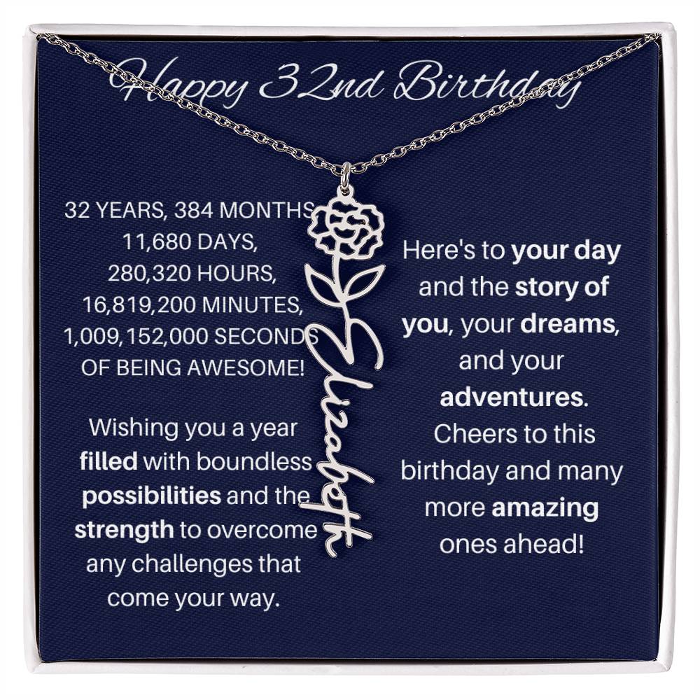 32nd Birthday Birth Flower Necklace