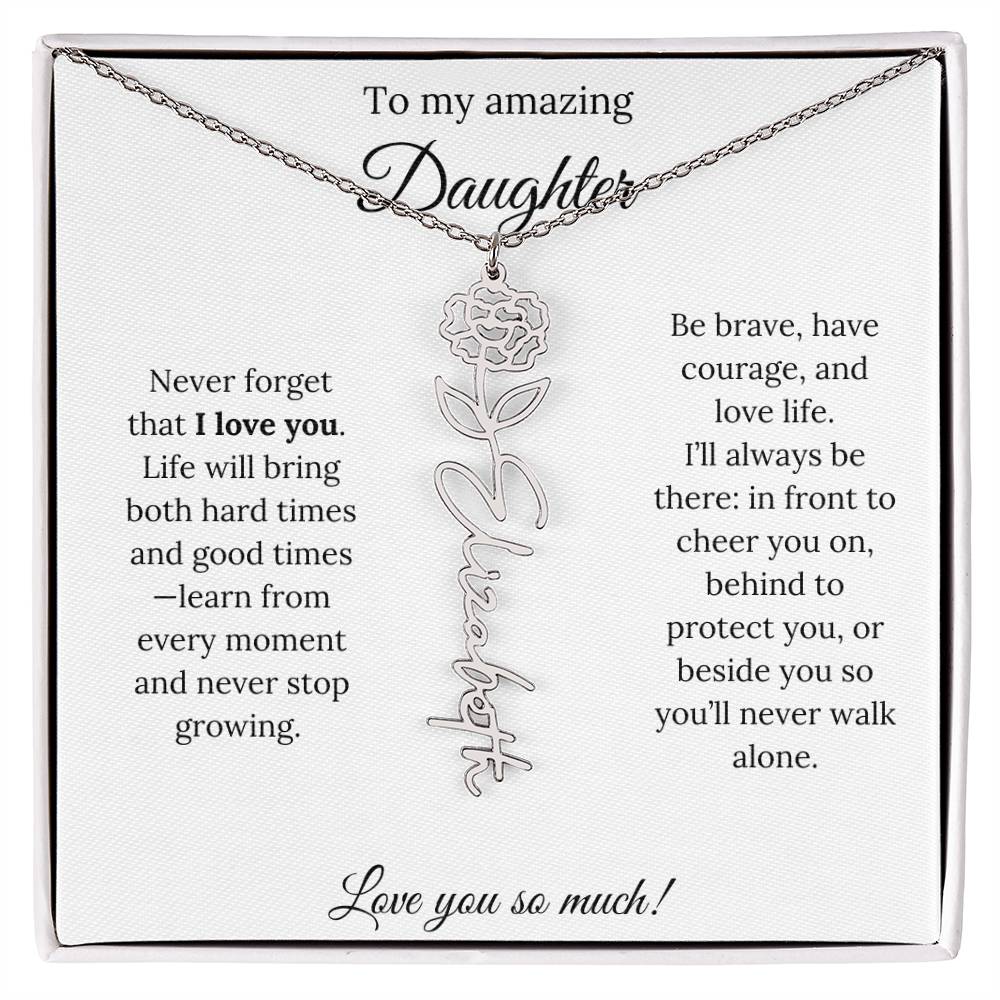 Personalized Daughter Necklace with Birth Flower Name & Inspiring Quote Card
