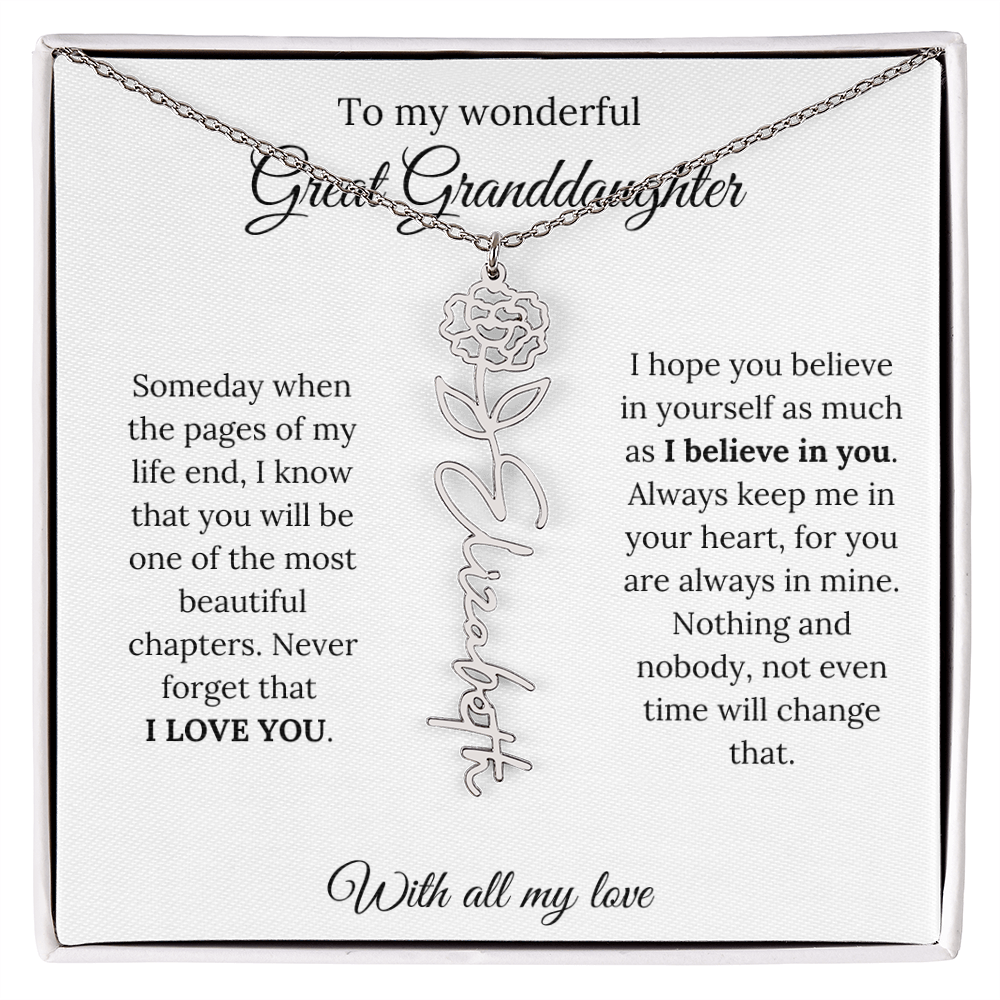 Great Granddaughter Birth Flower Name Necklace – “You Are One of the Most Beautiful Chapters” – Custom Keepsake Jewelry Gift