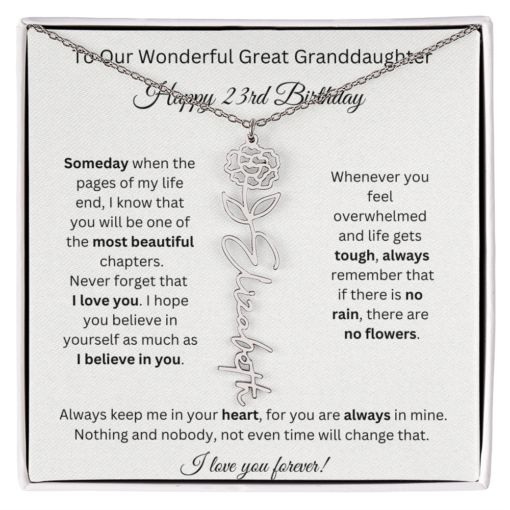 Birthflower Name Necklace To My Great Granddaughter's 23rd Birthday