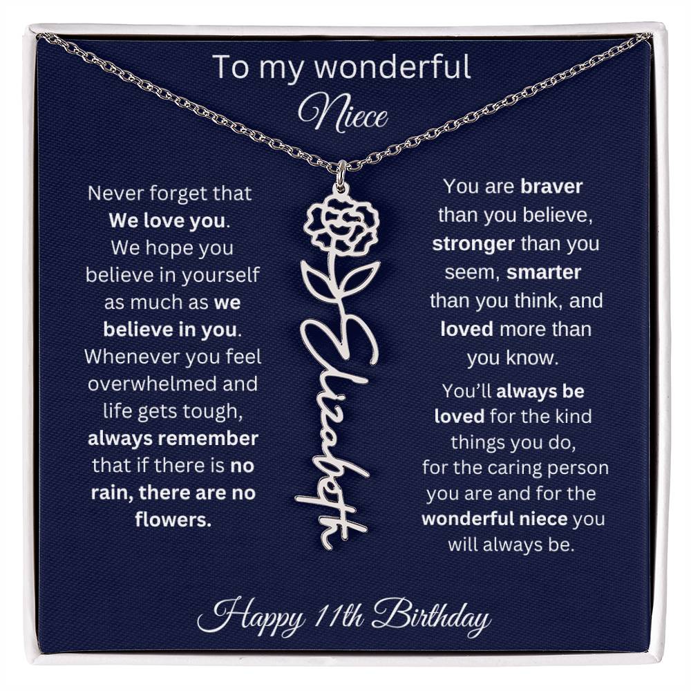 11th Birthday Gift For Niece - Personalized Birthmonth Flower Name Necklace