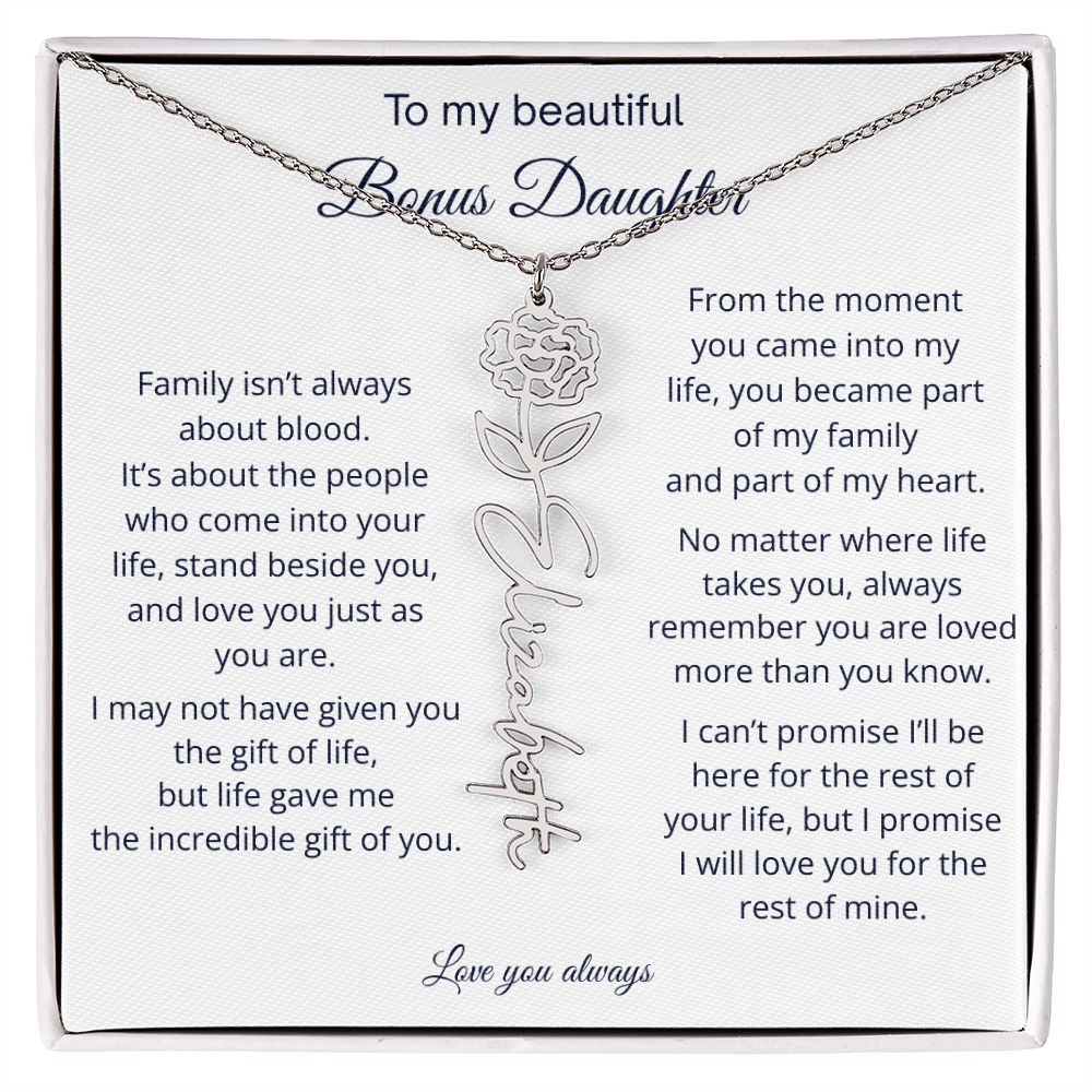 Bonus Daughter Jewelry Gift - Personalized Birth Flower Name Necklace