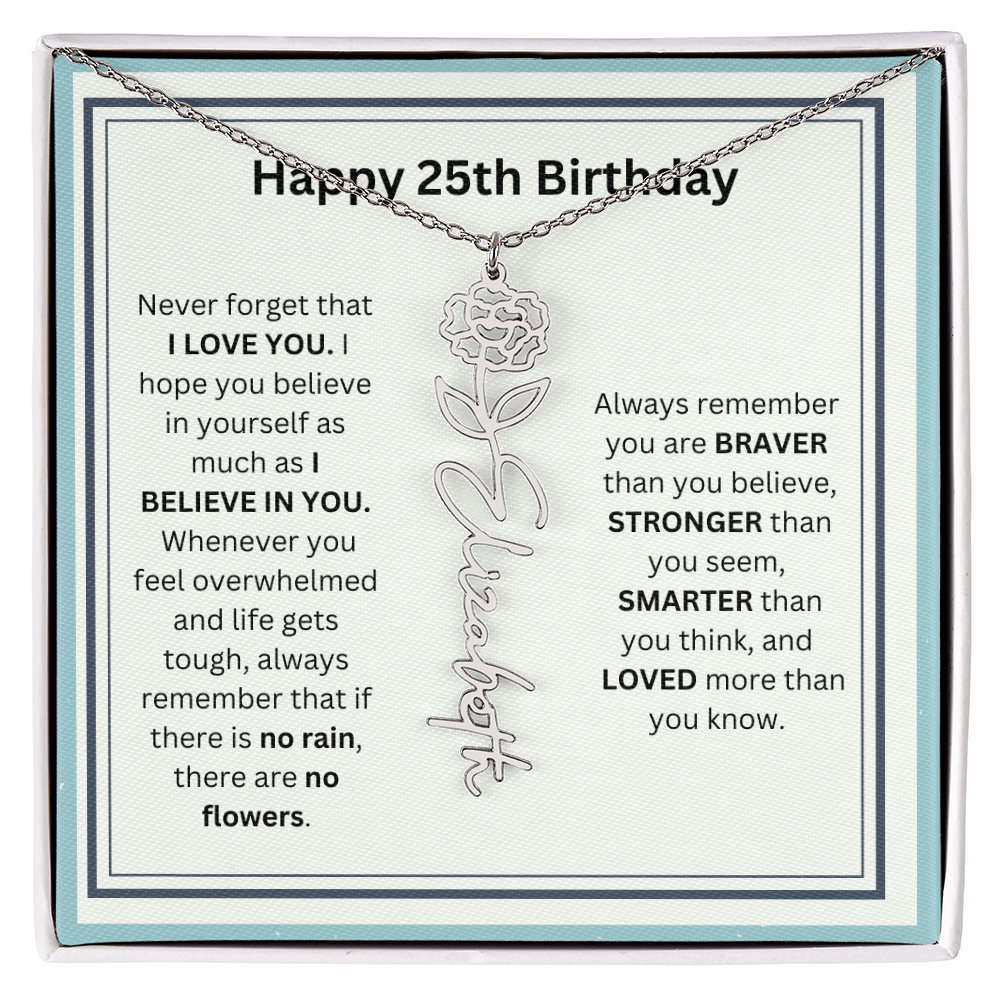Personalized 25th Birthday Flower Name Necklace Gift