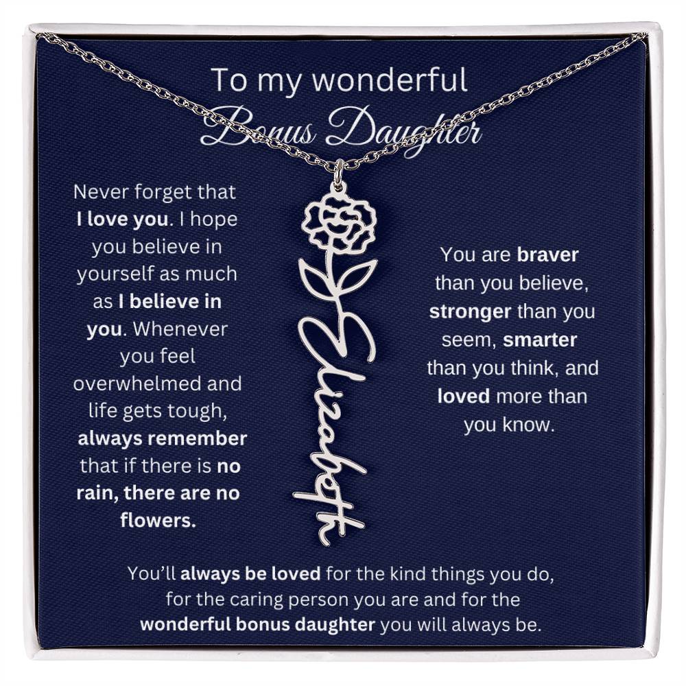 To My Wonderful Bonus Daughter - I Love You - Flower Name Necklace