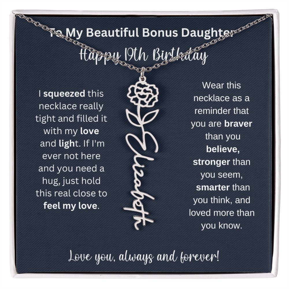To My Beautiful Bonus Daughter | Happy 19th Birthday | Flower Name Necklace