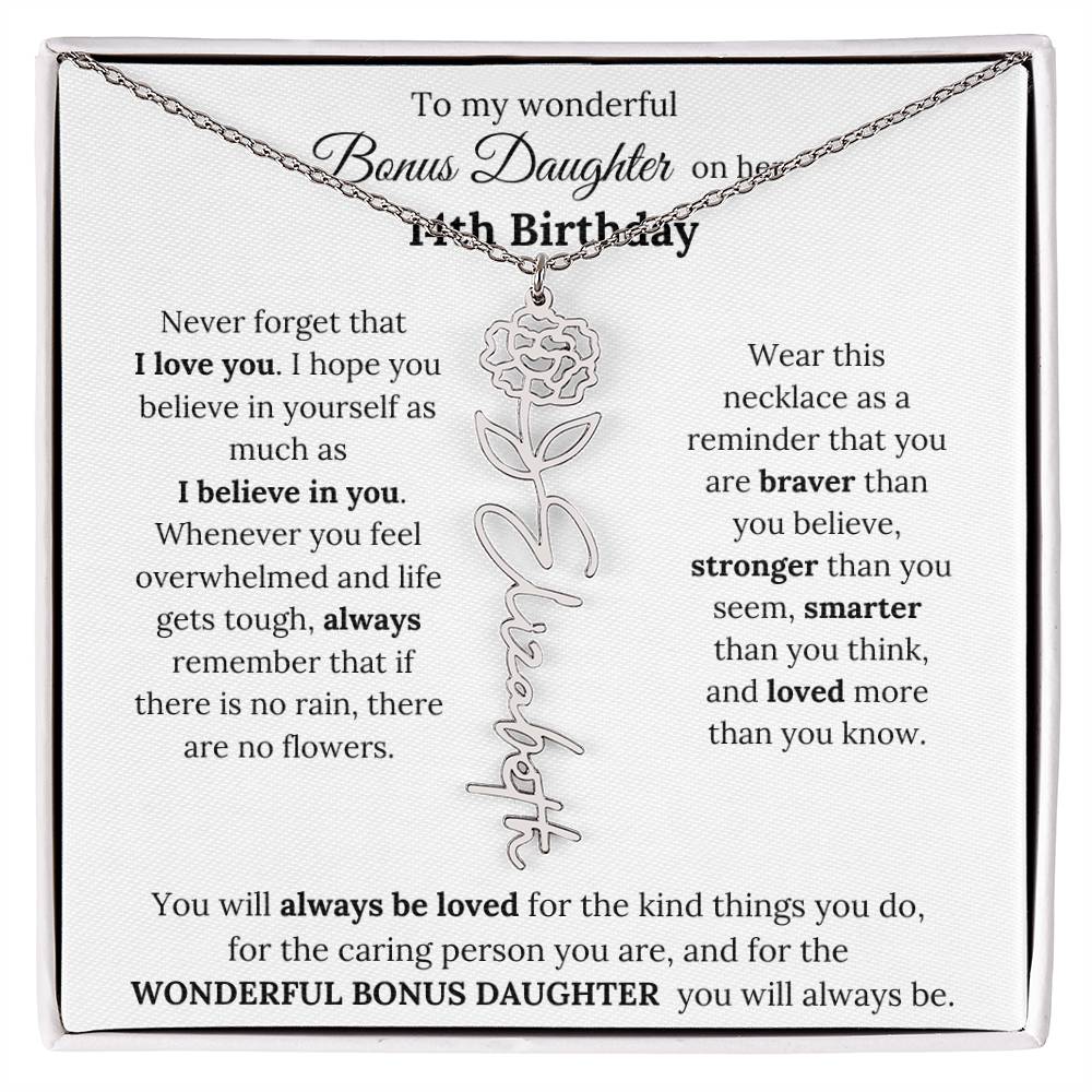 To My Wonderful Bonus Daughter On Her 14th Birthday | I Love You | Flower Name Necklace