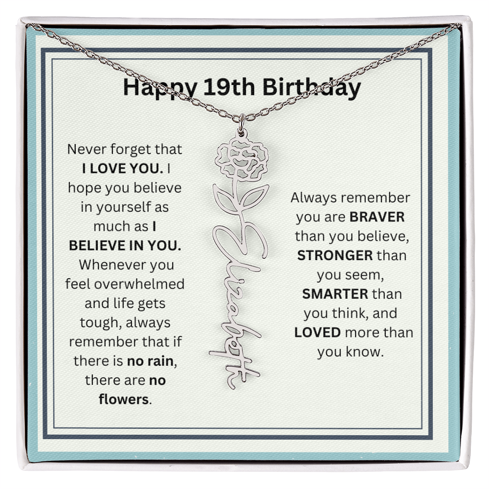 Personalized 19th Birthday Flower Name Necklace Gift