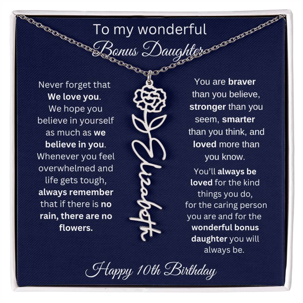 10th Birthday Gift For Bonus Daughter - Personalized Birthmonth Flower Name Necklace
