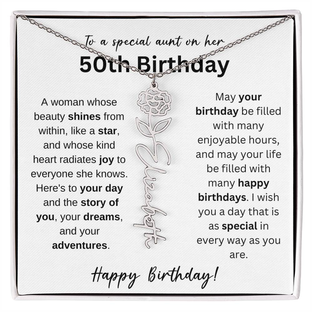 To A Special Aunt Happy 50th Birthday - Flower Name Necklace