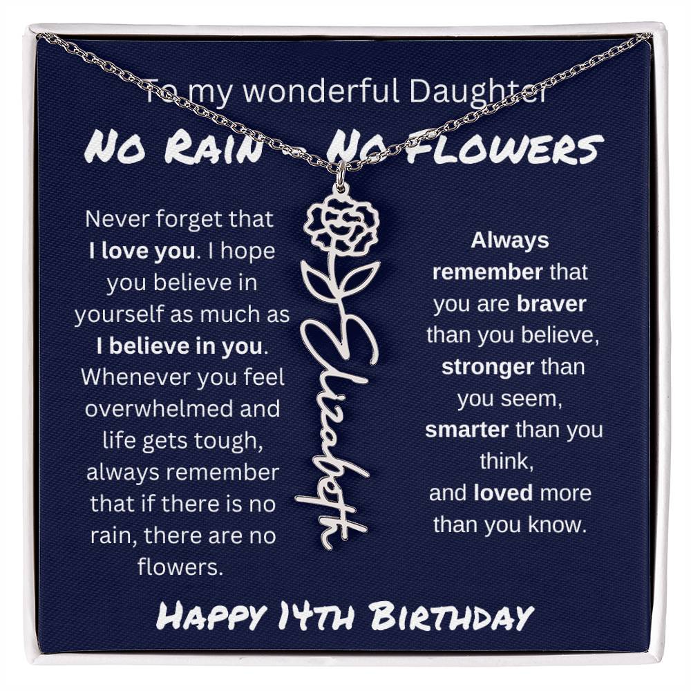 No Rain - No Flower | Happy 14th Birthday | Flower Name Necklace