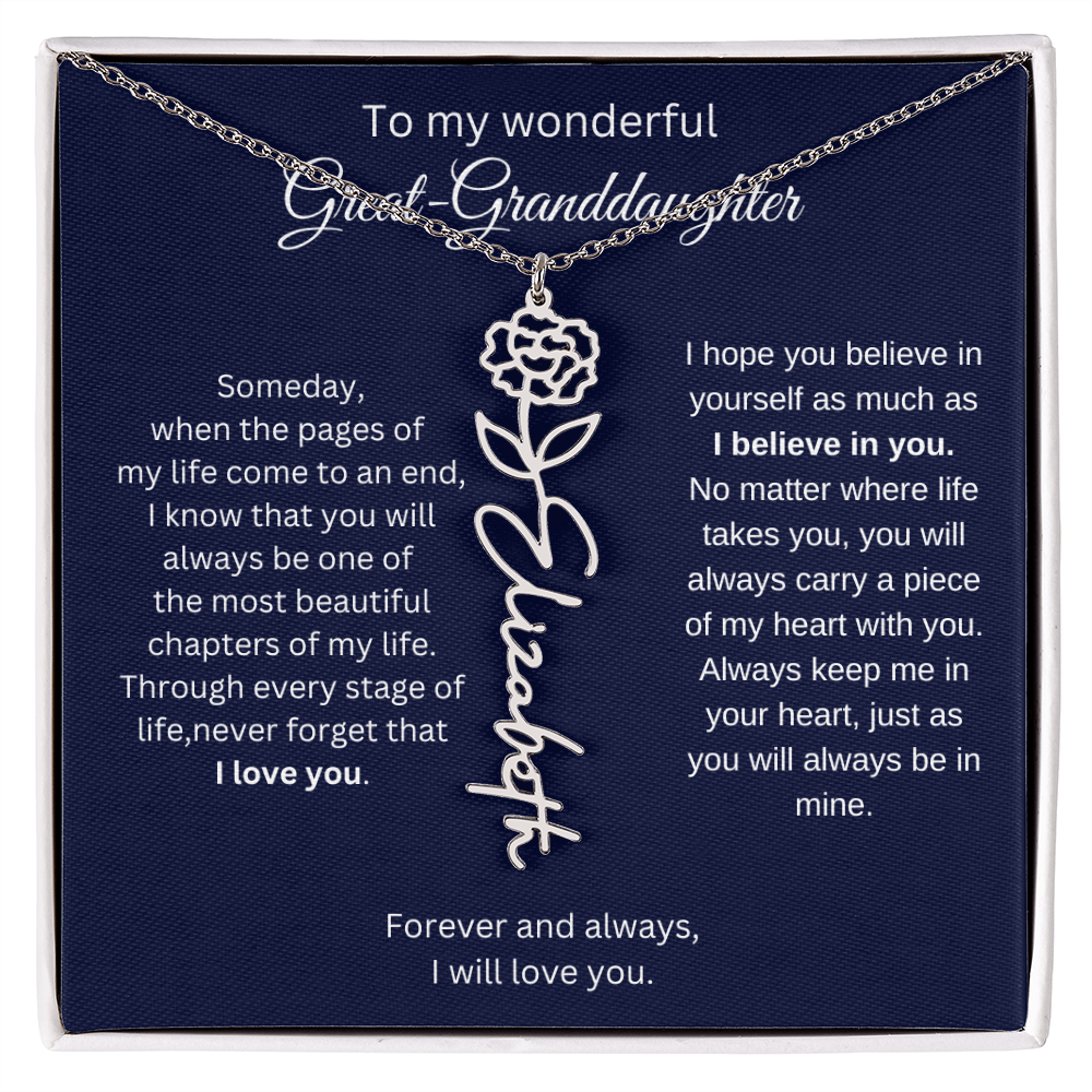 Great Granddaughter Jewelry Gift - Birth Flower Name Necklace
