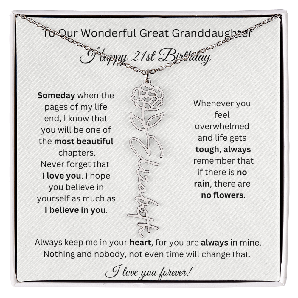 Birthflower Name Necklace To My Great Granddaughter's 21st Birthday