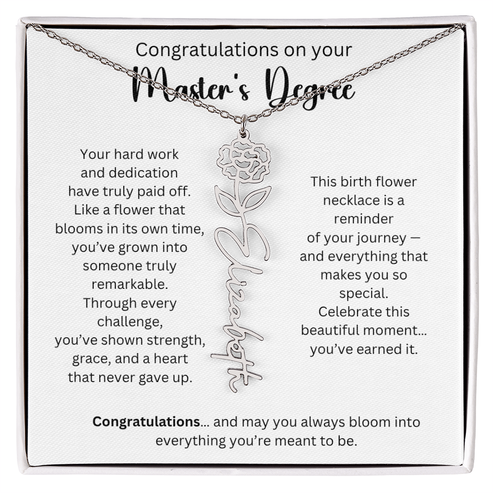 Personalized Masters Graduation Keepsake Gift - Birth Flower Name Necklace