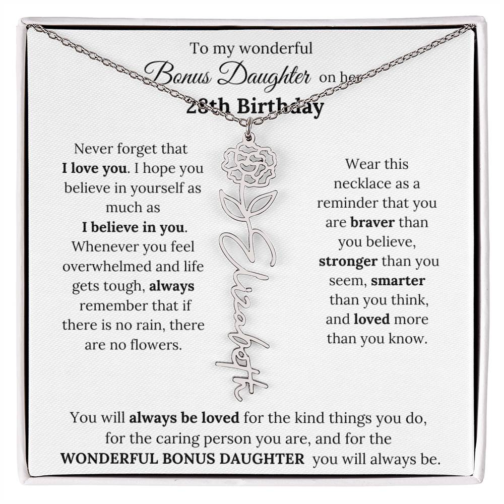 To My Wonderful Bonus Daughter On Her 28th Birthday | I Love You | Flower Name Necklace