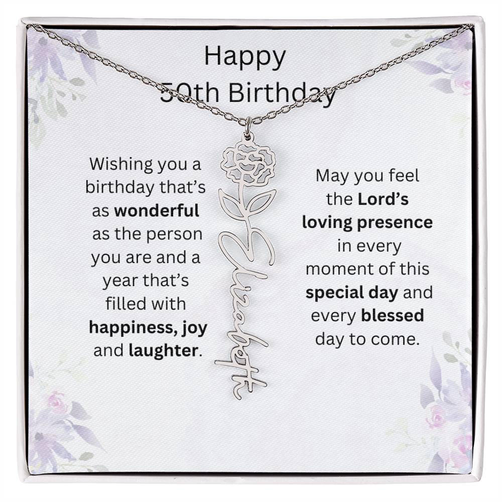 Wishing You Happiness, Joy & Laughter - Happy 50th Birthday | Flower Name Necklace