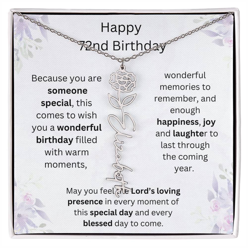 Wishing You Happiness, Joy & Laughter - Happy 72nd Birthday | Flower Name Necklace