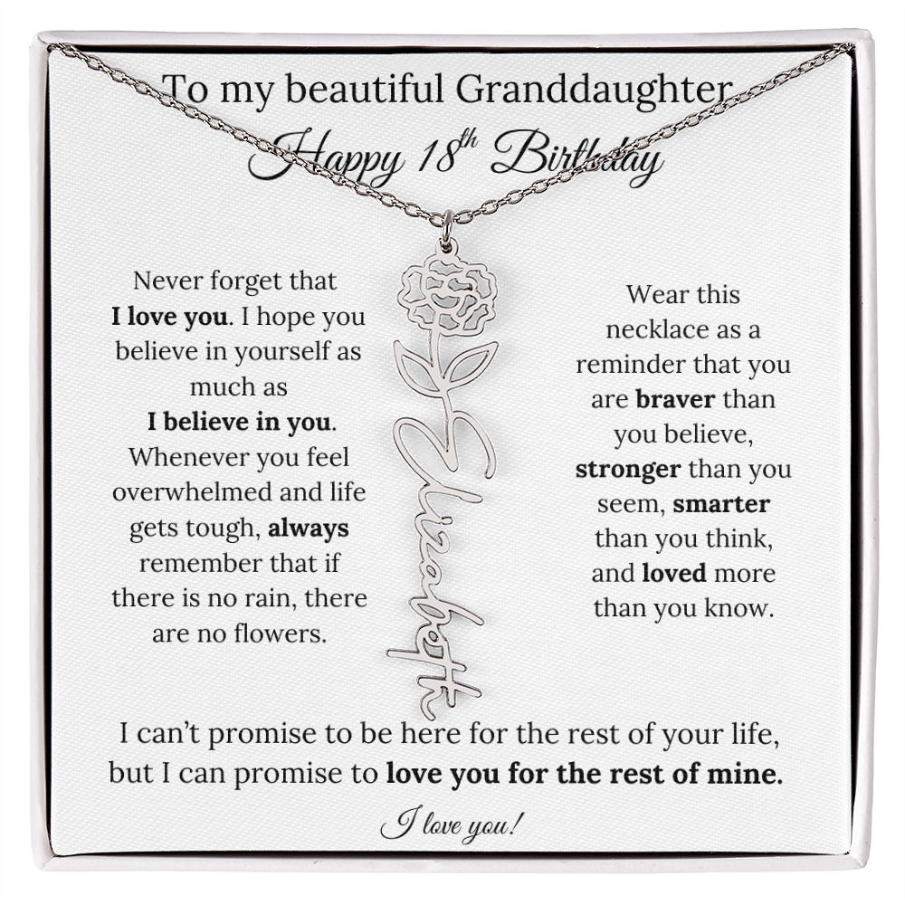 18th Birthday Gift for Granddaughter Flower Name Necklace with Message Card