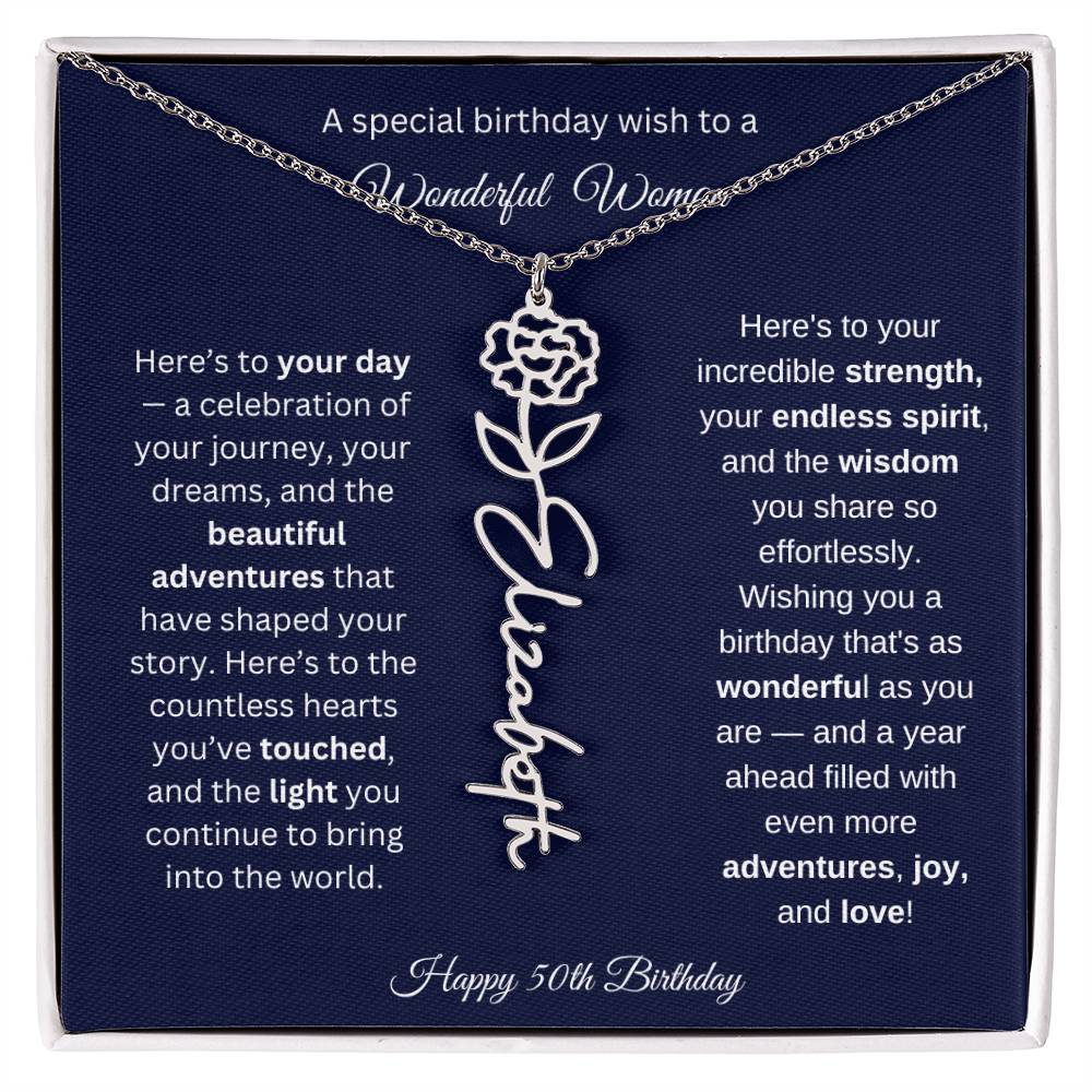 Happy 50th Birthday - Personalized Birth Flower Name Necklace with Message Card