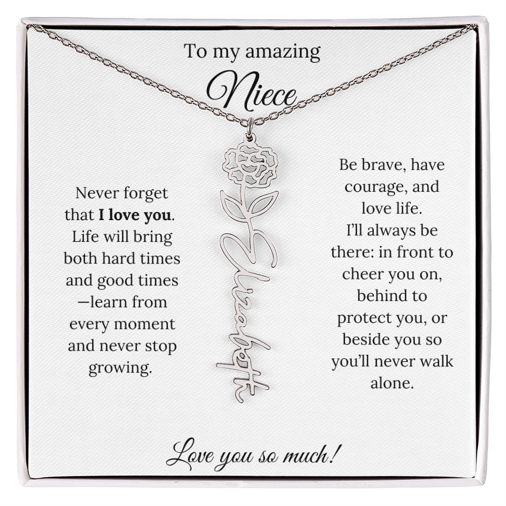 Niece Gift – Birth Flower Name Necklace + Inspiring Message Card