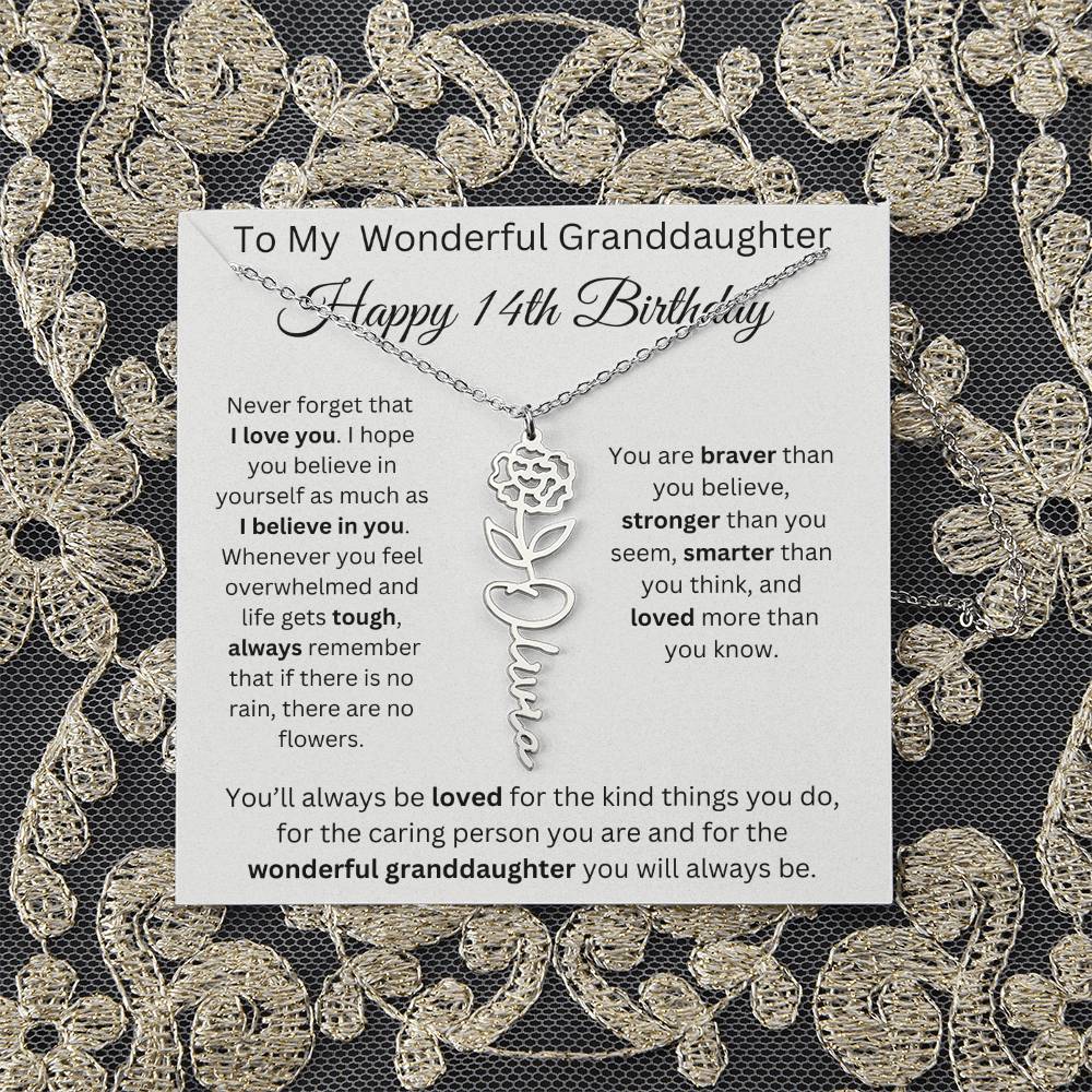 To My Wonderful Granddaughter - Happy 14th Birthday - Flower Name Necklace