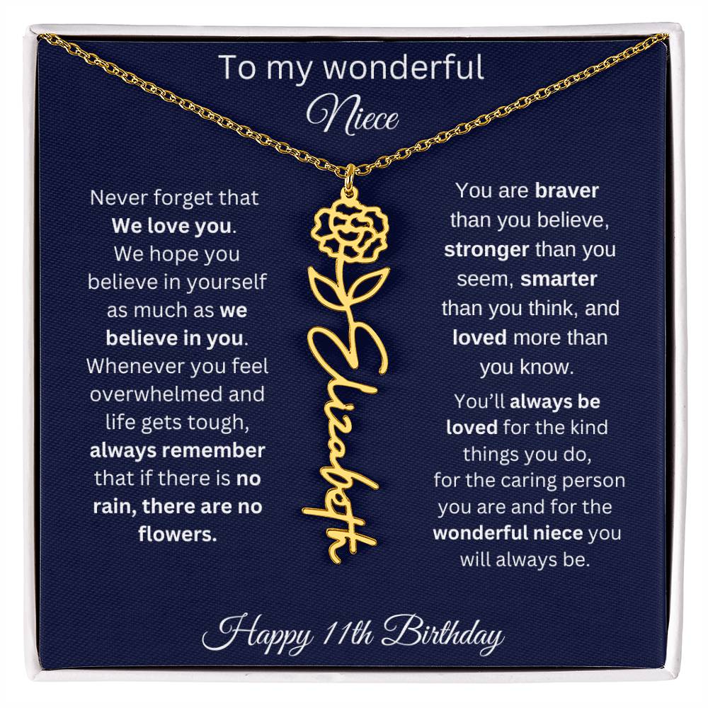 11th Birthday Gift For Niece - Personalized Birthmonth Flower Name Necklace