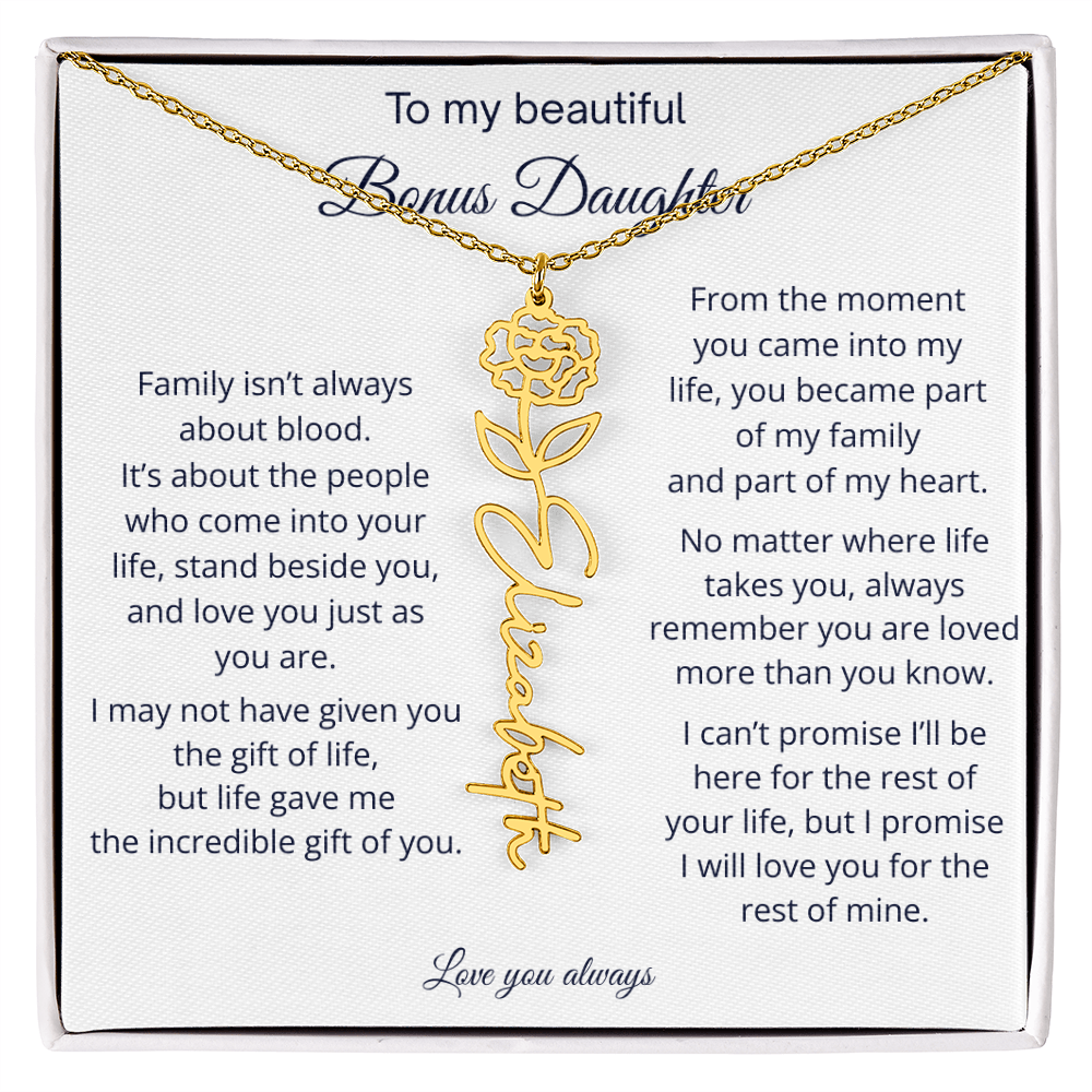 Bonus Daughter Jewelry Gift - Personalized Birth Flower Name Necklace