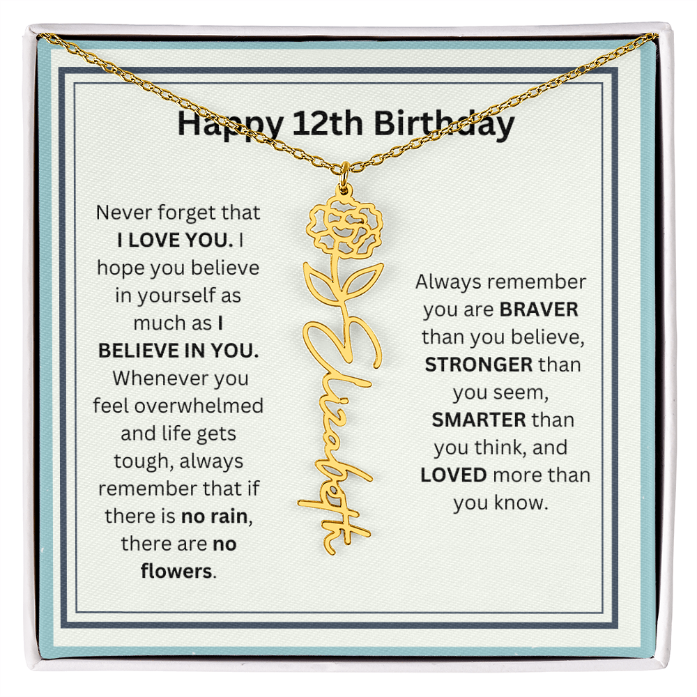 Personalized 12th Birthday Flower Name Necklace Gift