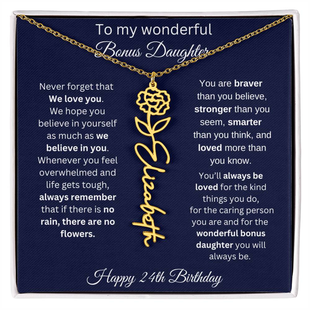 24th Birthday Gift For Bonus Daughter - Personalized Birthmonth Flower Name Necklace