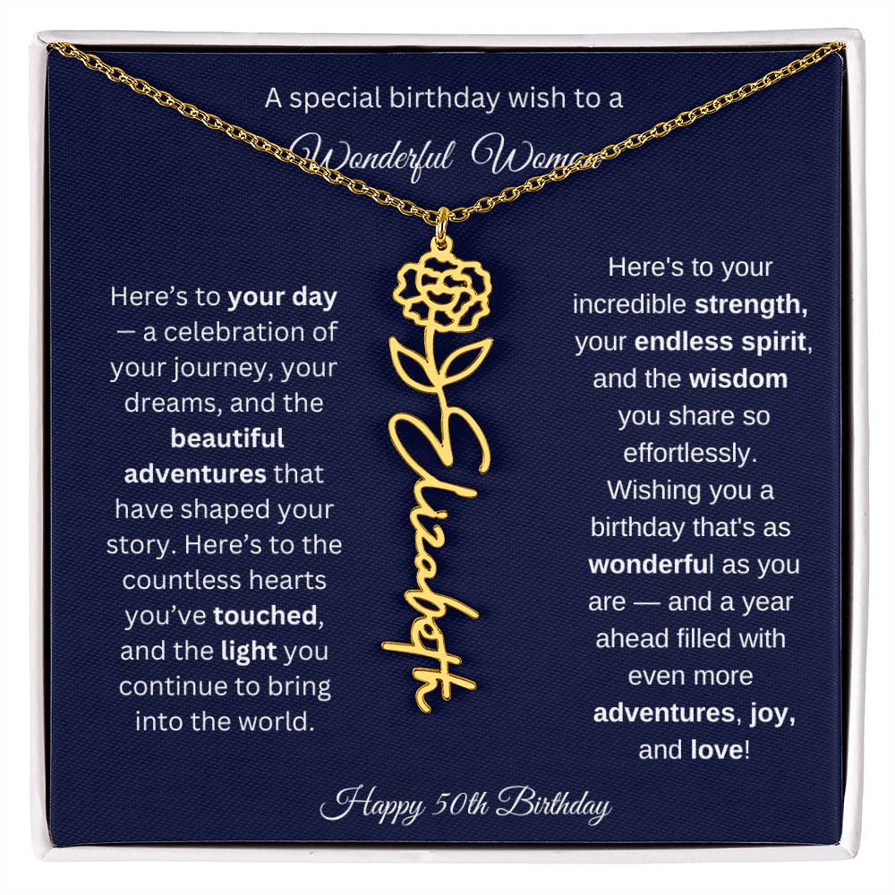 Happy 50th Birthday - Personalized Birth Flower Name Necklace with Message Card