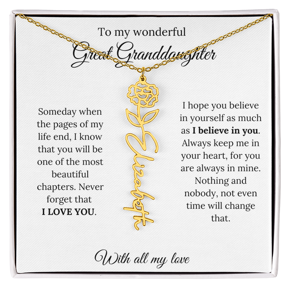 Great Granddaughter Birth Flower Name Necklace – “You Are One of the Most Beautiful Chapters” – Custom Keepsake Jewelry Gift