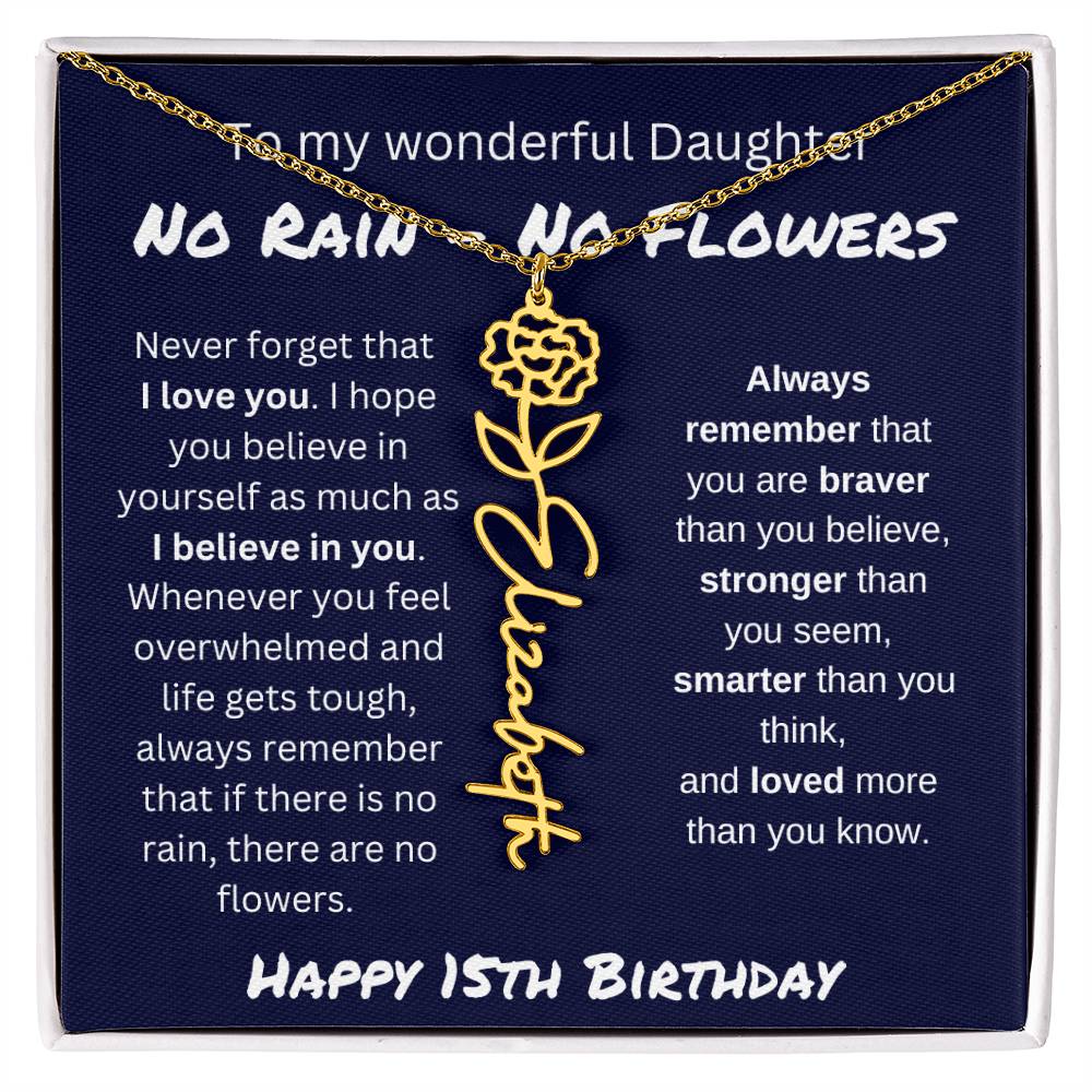 No Rain - No Flower | Happy 15th Birthday | Flower Name Necklace