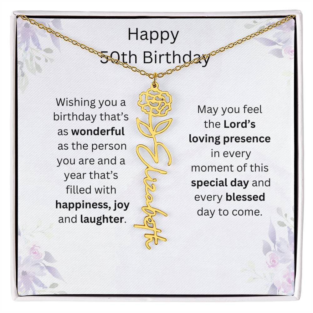 Wishing You Happiness, Joy & Laughter - Happy 50th Birthday | Flower Name Necklace