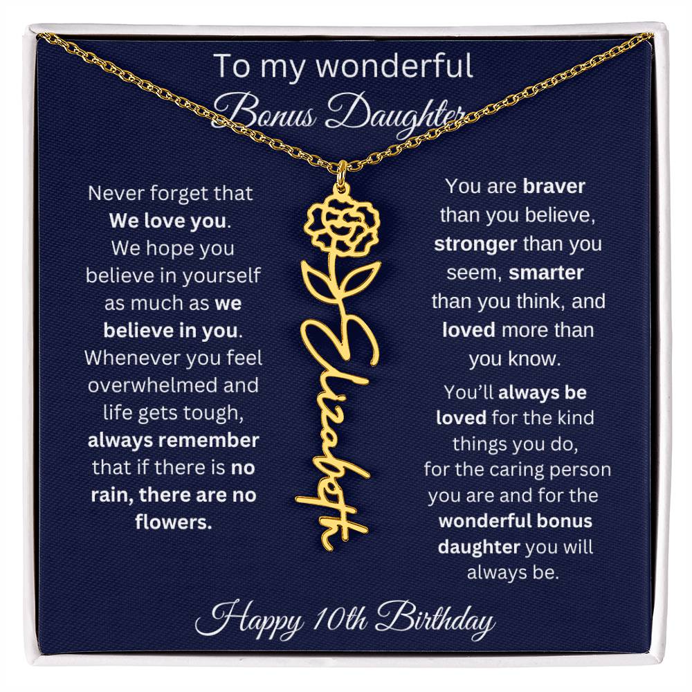 10th Birthday Gift For Bonus Daughter - Personalized Birthmonth Flower Name Necklace