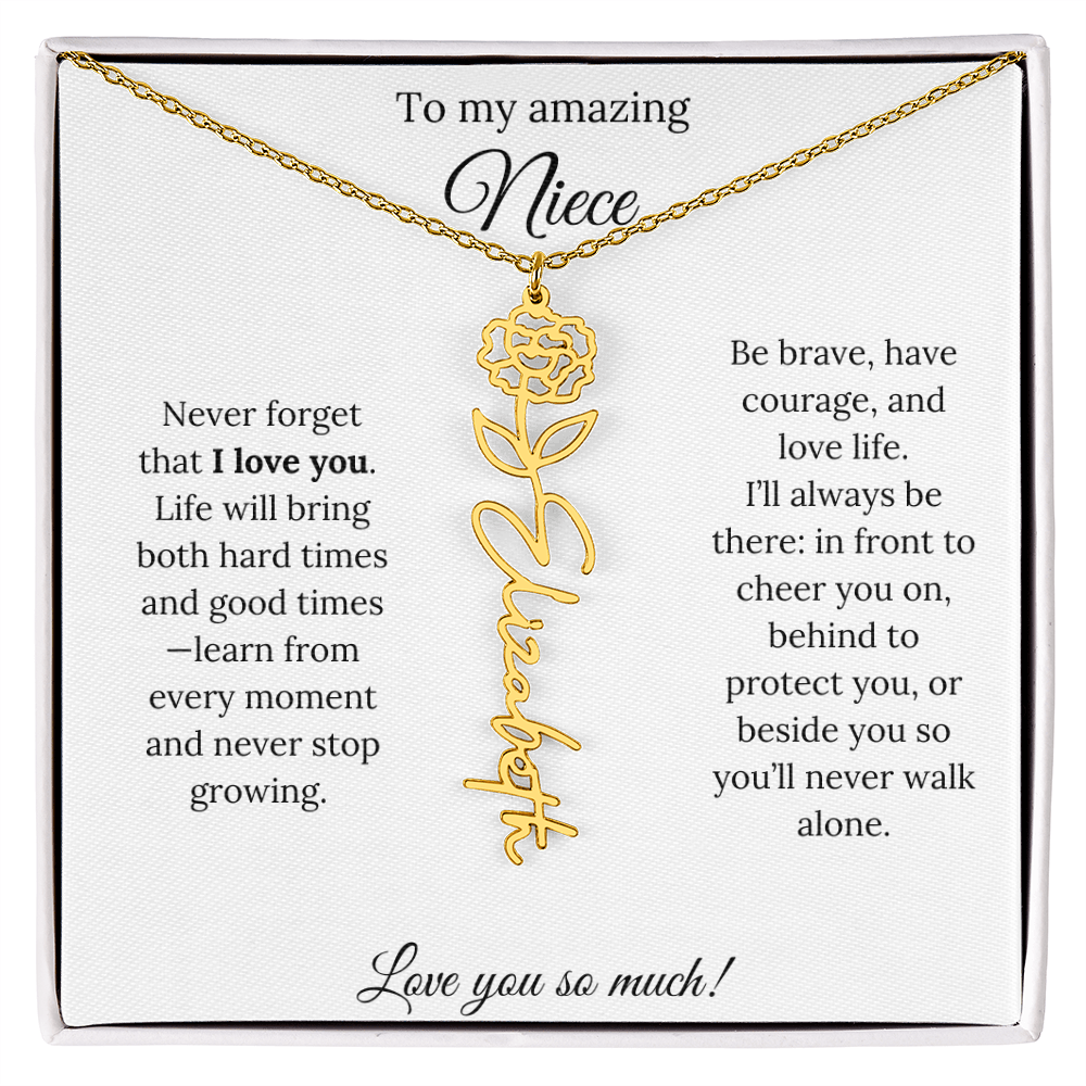 Niece Gift – Birth Flower Name Necklace + Inspiring Message Card