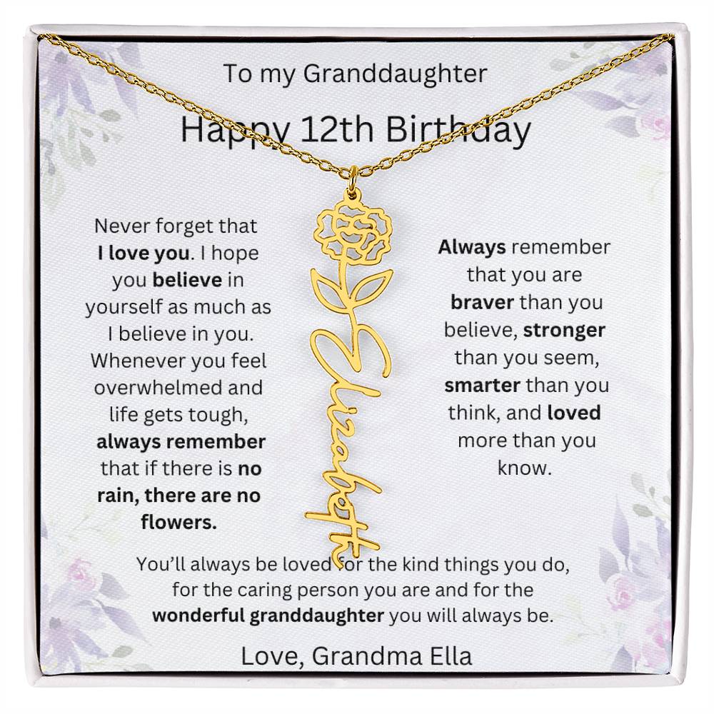 To My Granddaughter - Happy 12th Birthday | Flower Name Necklace