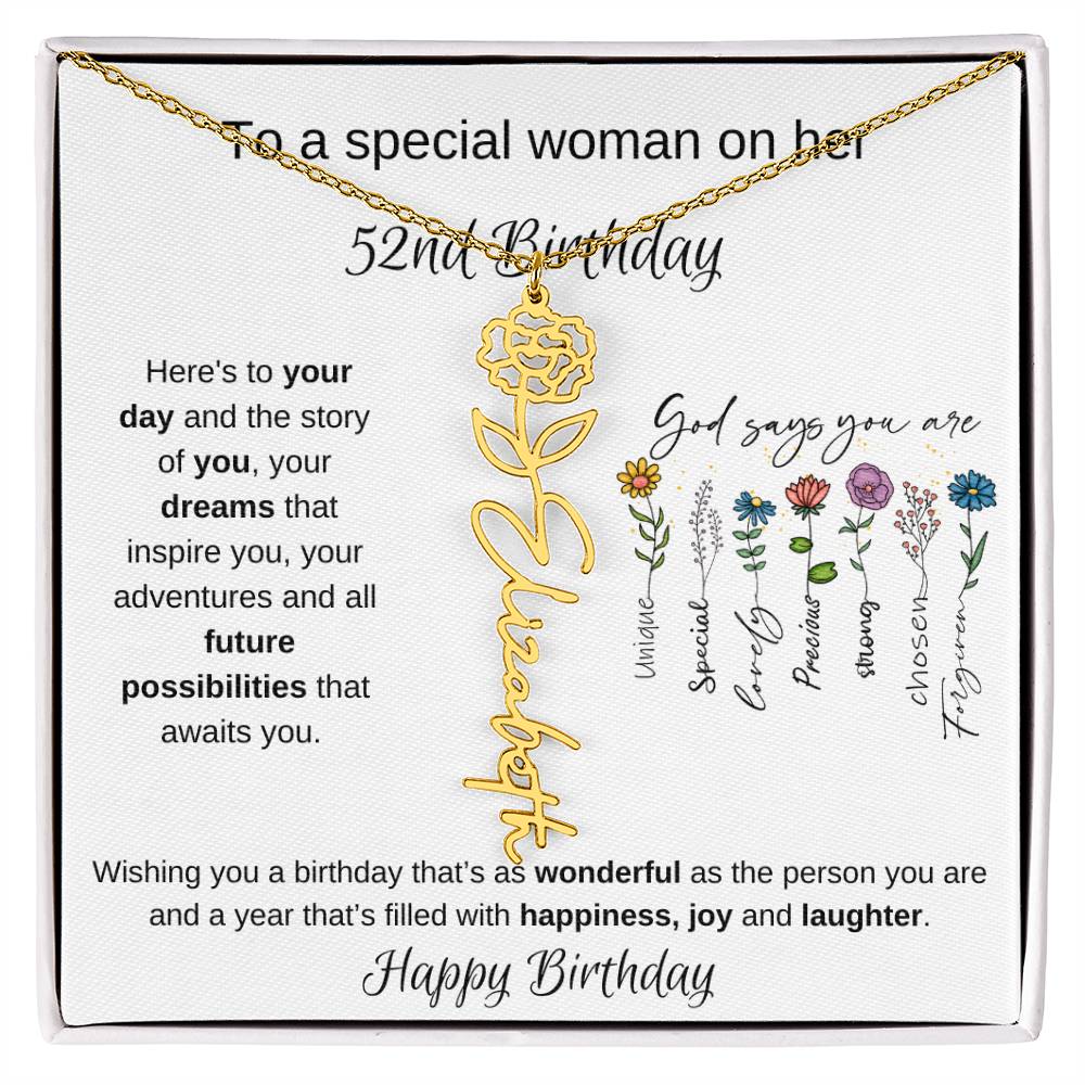 To A Special Woman On Her 52nd Birthday - Flower Name Necklace