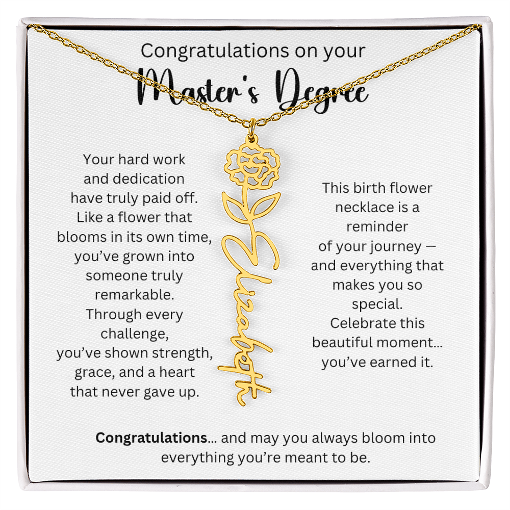 Personalized Masters Graduation Keepsake Gift - Birth Flower Name Necklace