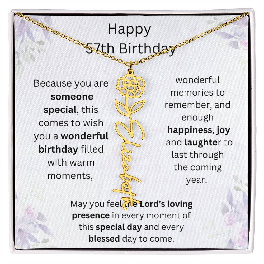 Wishing You Happiness, Joy & Laughter - Happy 57th Birthday | Flower Name Necklace