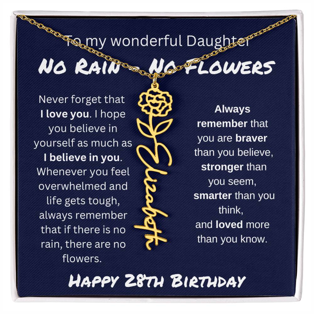 No Rain - No Flower | Happy 28th Birthday | Flower Name Necklace